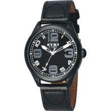 Eyki Men's Black Leather Strap Watch With Black Dial And Silver Numbers Et93