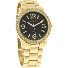 Gruen II Ladies Quartz Crystal Black Dial Gold Tone Bracelet Watch GRT910
