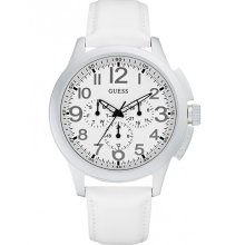 GUESS New Mens Round White Leather Strap Steel Watch Ladies Oversized W11585G2 - White - Leather