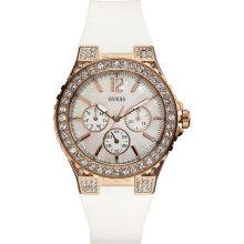 Guess White Rubber Band Rose Gold Tone Crystal Bezel Womens Watch U16529l1