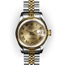 Ladies Two Tone Champagne Roman Dial Smooth Bezel Rolex Datejust