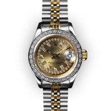 Ladies Two Tone Champagne String Dial Beadset Bezel Rolex Datejust