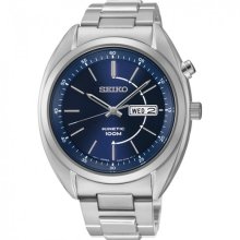 Men $225 Seiko Kinetic 3 Hand Stainless Steel Blue Dial Watch Smy121