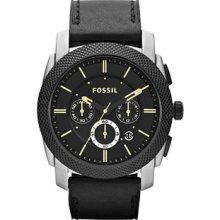 Men Fossil FS4731 Stainless Steel Case Leather Strap Black Dial