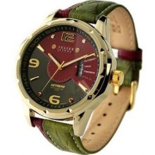 Men Leather Watch Green Red Leather 4.8cm Large Dial