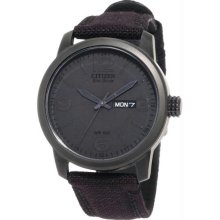 Men's Black Anodized Eco-Drive Black Dial Black Canvas Strap