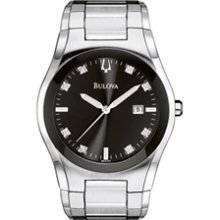 Men's Bulova Stainless Steel Watch with Black Dial and Diamond