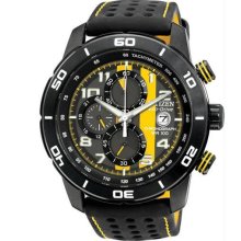 Men's Eco-Drive Chronograph Stainless Steel Leather Bracelet Black and Yellow Di