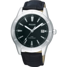 Mens Pulsar Stainless Steel Black Dial Watch with Black Leather Band
