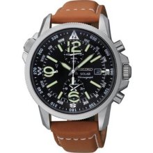 Men's Solar Stainless Steel Case Brown Leather Strap Chronograph Black