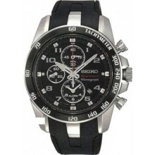 Men's Stainless Steel Case Sportura Alarm Chronograph Black Dial Rubbe