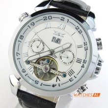 Mens White Dial Automatic Mechanical Date Day Black Leather Band Calendar Watch