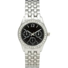 Merona Silver Tone Glitz Boyfriend Watch with Black Dial