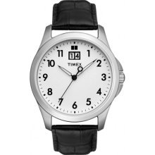 New Mens TIMEX Analog Round Watch White Dial Black Leather Strap T2N301 Quartz