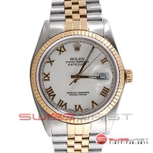 Rolex Men's Datejust Two Tone 16233 White Roman Dial Fluted Jubilee