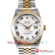 Rolex Men's Datejust Two Tone 16233 White Roman Pyramid Dial - Fluted