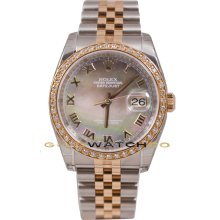 Rolex Mens New Style Heavy Band Stainless Steel & 18K Rose Gold Datejust Model 116231 Jubilee Band & Factory Tehetian Mother Of Pearl Roman Dial & A 1Ct Rose Gold Diamond Bezel