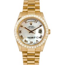 Rolex Mens New Style Heavy Band President Day Date Model 118238 Custom Added Mother Of Pearl Roman Dial & 2CT Diamond Bezel