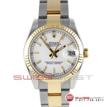 Rolex Midsize Datejust Two Tone White Stick Marker Dial Oyster Band