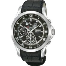 Seiko Men's Premier Stainless Steel Alarm Chronograph Black Dial Strap Perpetual SPC053