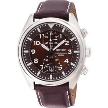 Seiko Men's Stainless Steel Chronograph Brown Dial Leather Strap SNN241