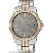 Seiko Sne098 Men's Two Tone Solar Watch With Day And Date - 100 Meters Wr