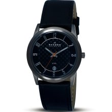 Skagen Men's Stainless Steel Black Leather Strap Watch (Skagen Men's Stainless Steel Black Leather Strap)