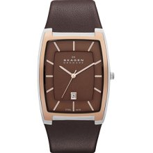 Skagen Skw6004 Classic Brown Leather Rose Gold Bezel Men's Watch