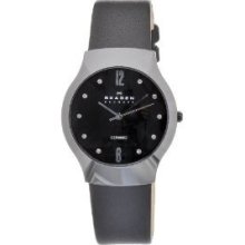 Skagen Women's Ceramic Black Dial Black Leather Strap Watch ...