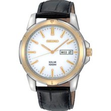 Two Tone Solar Quartz White Dial Black Leather Strap