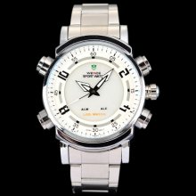 Weide Mens Fashion White Dial Stainless Steel Digital LED Quartz Watch W0027 - Silver - Stainless Steel