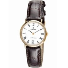 Women's 26013 37J BR Les Genevez Gold PVD Brown Leather Roman Numeral