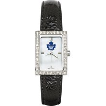 Womens Toronto Maple Leafs Watch with Black Leather Strap and CZ Accents