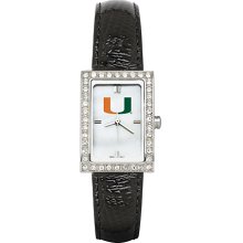 Womens University Of Miami Watch with Black Leather Strap and CZ Accents