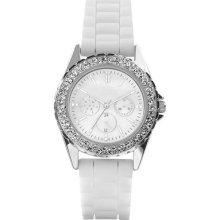 Women's White Polyurethane Strap Silver Round Case Mother of Pearl