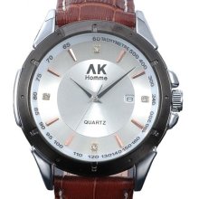 â˜… Ak-homme â˜… Mens Silver Face Brown Leather Calendar Quartz Wrist Watch Ak236