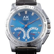 Ak-homme Stainless Steel Blue Dial Quartz Black Leather Lady Men Wrist Watch