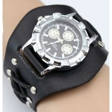 Black Leather Cuff Watch