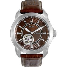 Bulova Men's Automatic Brown Dial Skeleton Display Brown Leather Strap 96A108