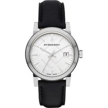 Burberry Silver Dial Black Leather Ladies Watch BU9106