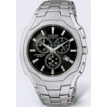 Citizen Eco Drive Men`s Silver Ss Bracelet Chronograph Watch W/ Black Dial