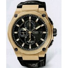 Citizen Eco Drive Men`s Rose Gold Chronograph Wr200 Watch W/ Leather Strap