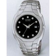 Citizen Eco Drive Men`s Silver Ss Bracelet Watch W/ 11 Diamonds