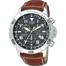 Citizen Mens Eco-Drive Perpetual Calendar Chrono Titanium Watch - Brown Leather Strap - Blue Dial - BL5250-02L