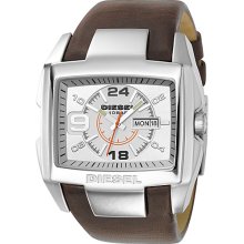 Diesel Silver-Dial Leather-Strap Watch