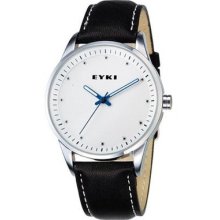 Eyki Men's Casual Black Leather Watch White Dial And Blue Hands Et107