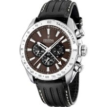 Festina Men's Crono F16489/A Black Leather Quartz Watch with Brow ...