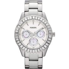 Fossil Women's Stella Silver Steel Glitz Baguette Chronograph Watch Es2956