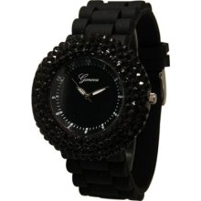 Geneva Silicone Band Beaded Designer Watch With Crystals Cz Bezel Black