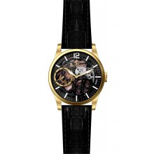 Gold Tone Stainless Steel Case Black And Gold Tone Skeleton Dial Leath